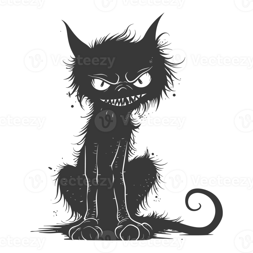 AI generated Silhouette cute cat zombie black color only full body png