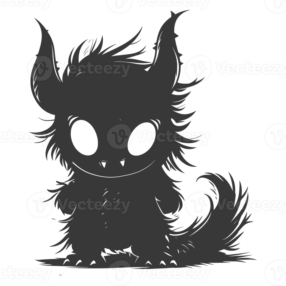 AI generated Silhouette cute monster black color only full body png