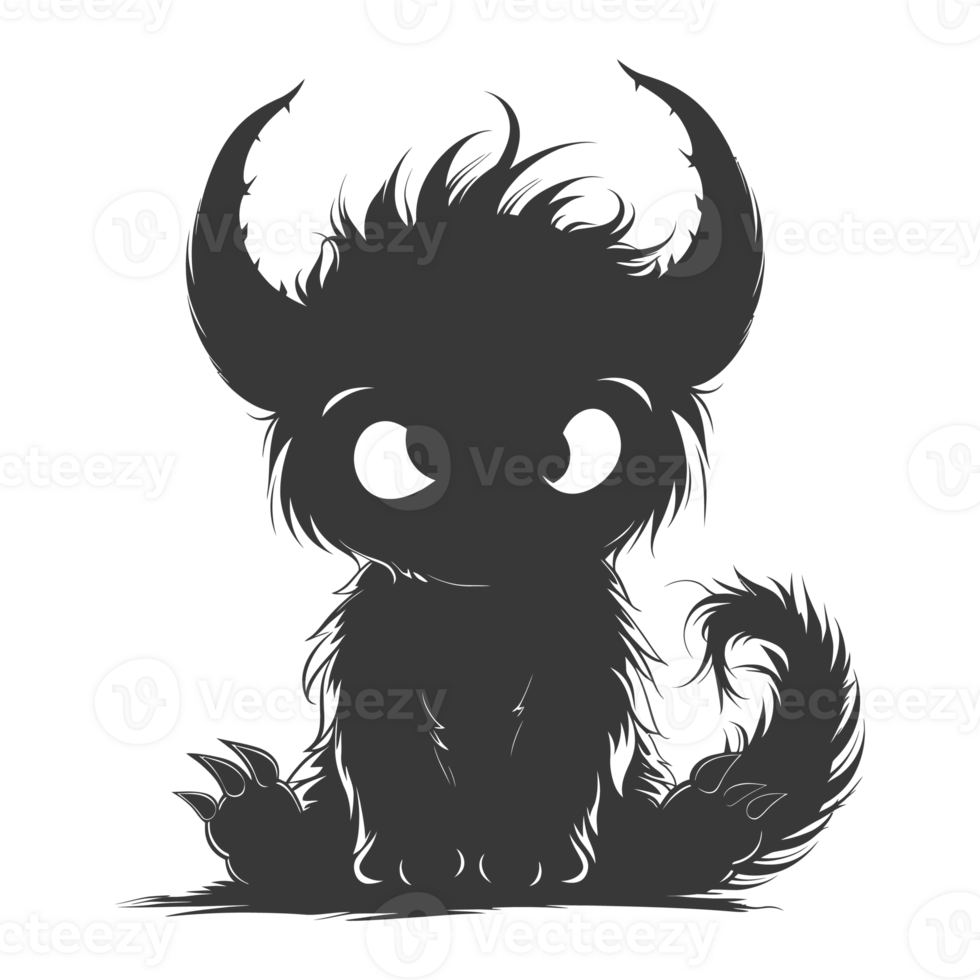 AI generated Silhouette cute monster black color only full body png