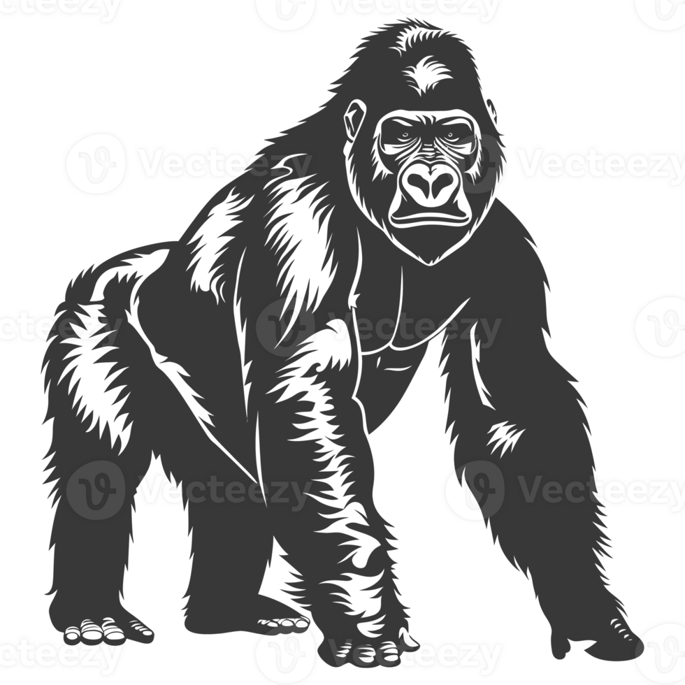 AI generated Silhouette gorilla animal black color only full body png
