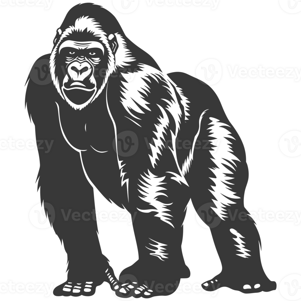 AI generated Silhouette gorilla animal black color only full body png