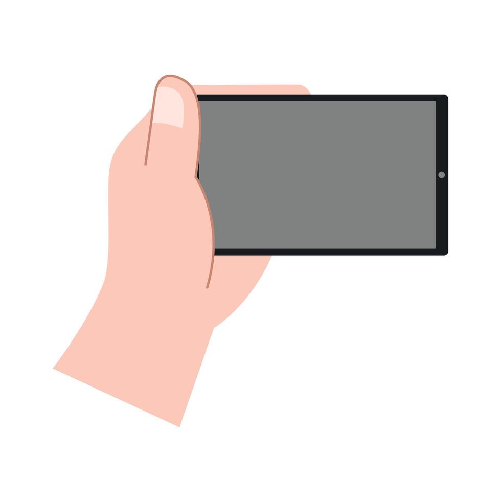 Hand holding smartphone horizontally and vertically, with blank screen displayed vector