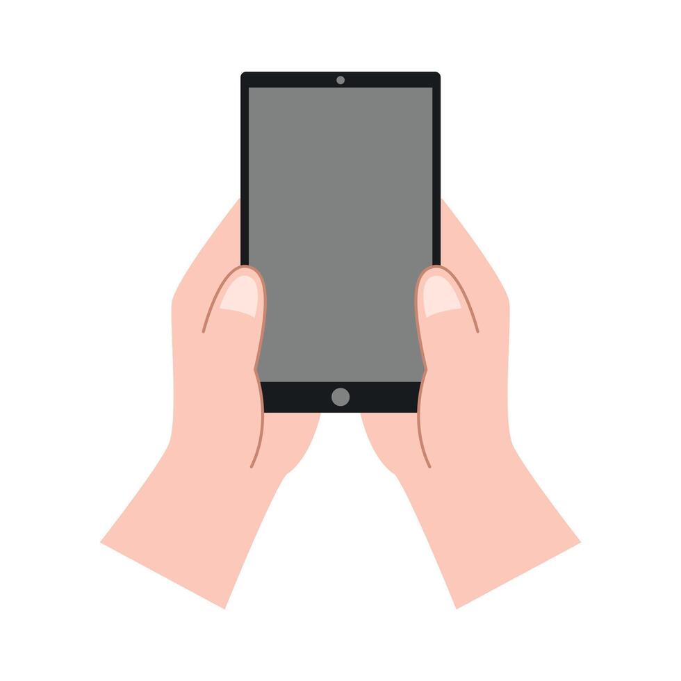 Hand holding smartphone horizontally and vertically, with blank screen displayed vector