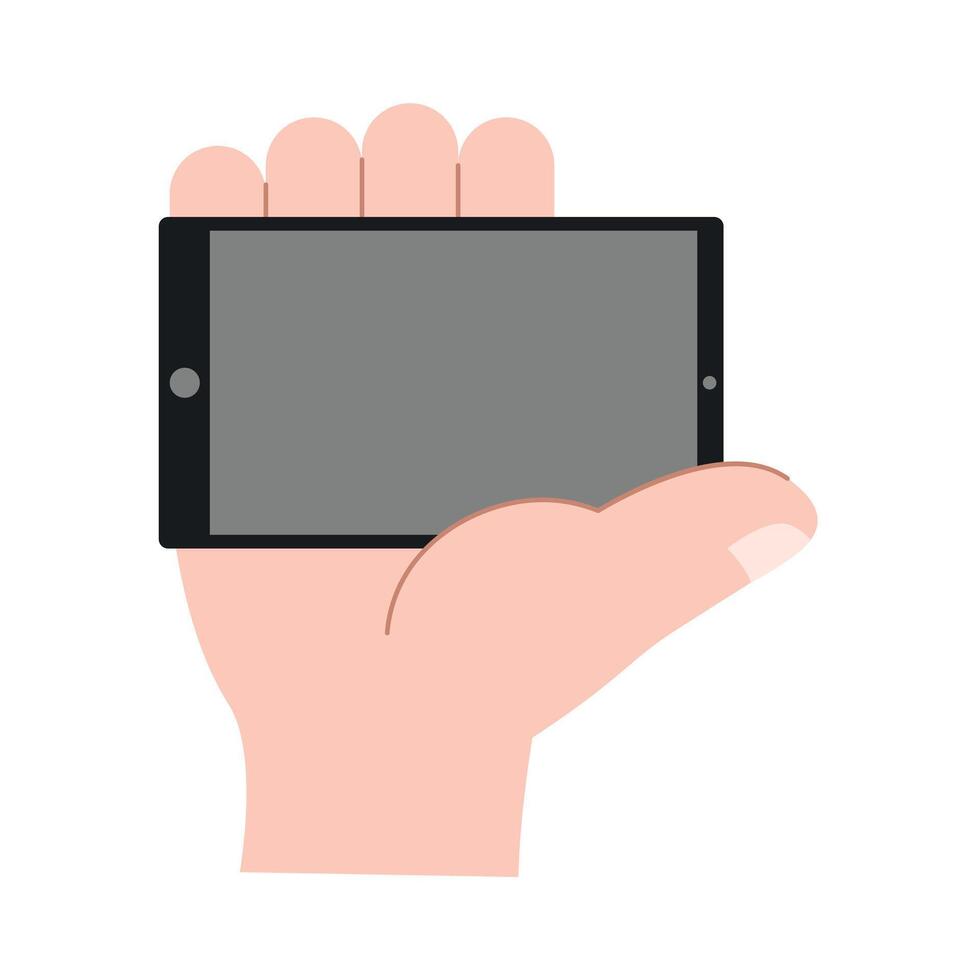 Hand holding smartphone horizontally and vertically, with blank screen displayed vector