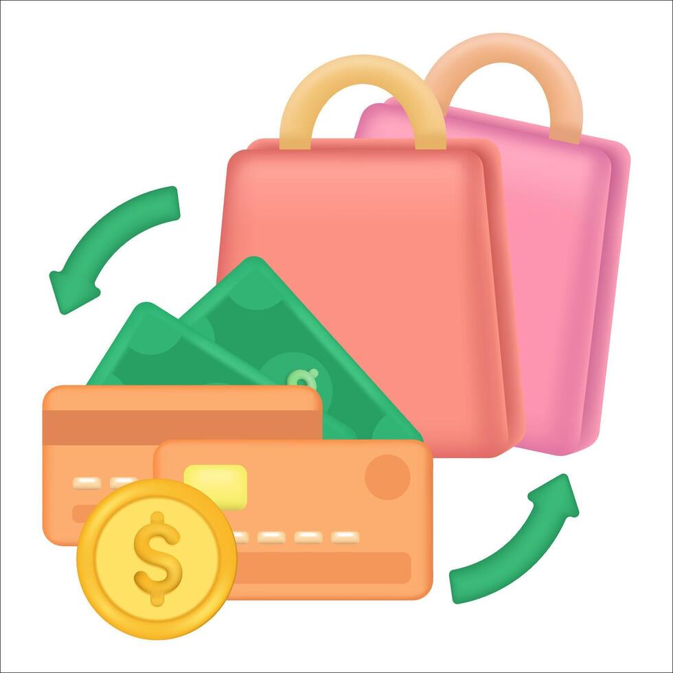 Online shopping payment. Transaction process. Shopping bag and credit card element vector