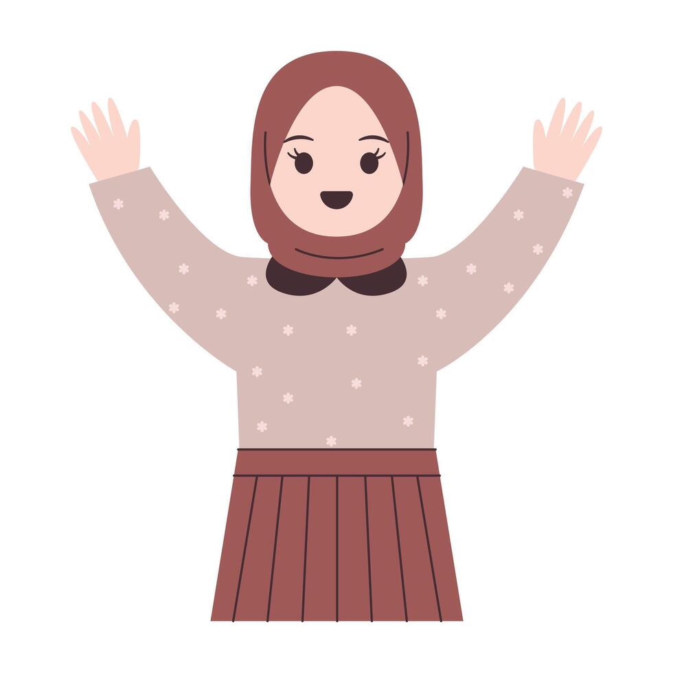 Girl with hijab is happy while raising her hands vector