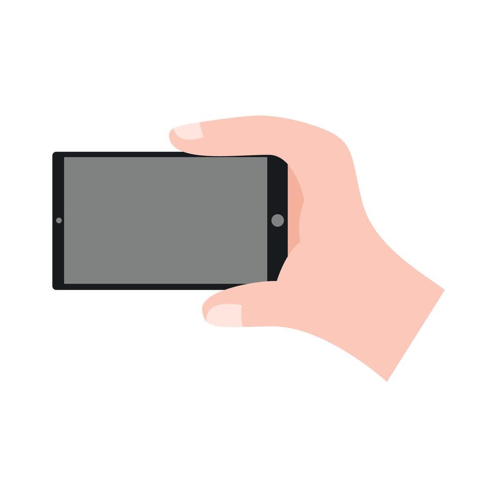 Hand holding smartphone horizontally and vertically, with blank screen displayed vector