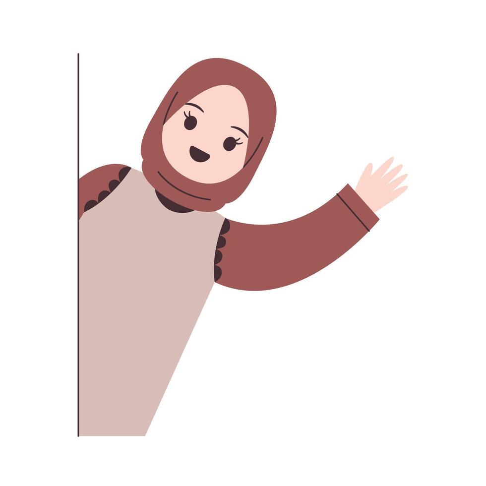 Girl with hijab is peeking while waving her hand vector
