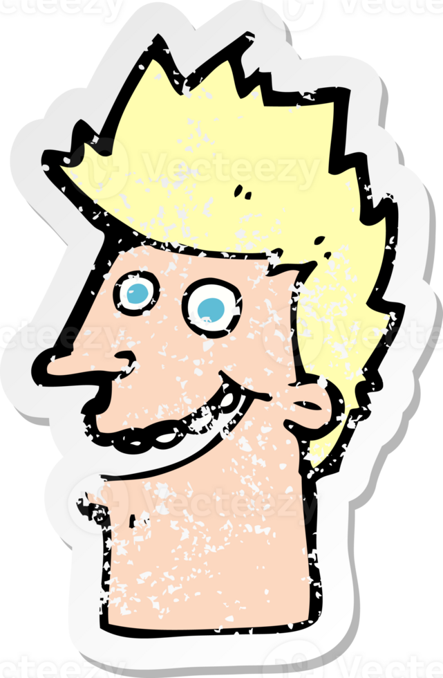 retro distressed sticker of a cartoon happy man face png
