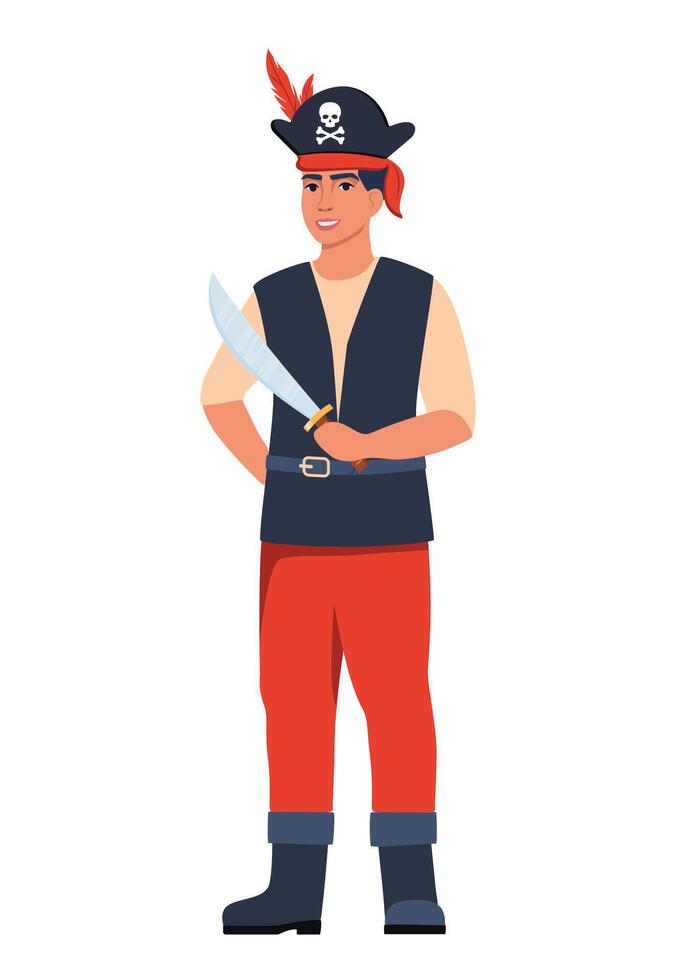 Pirate character, man in pirate hat with skull and crossed bones. Pirate with a sword. Vector illustration.