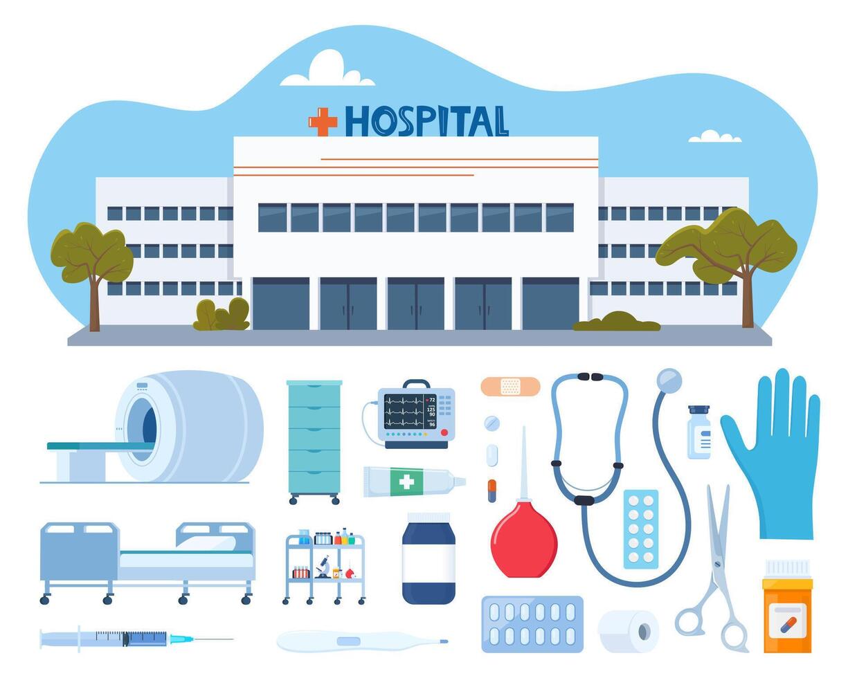 Hospital building, medical devices. Hospital furniture, tools, drugs, equipment for treatment and diagnosis. Healthcare icons set. Vector illustration.