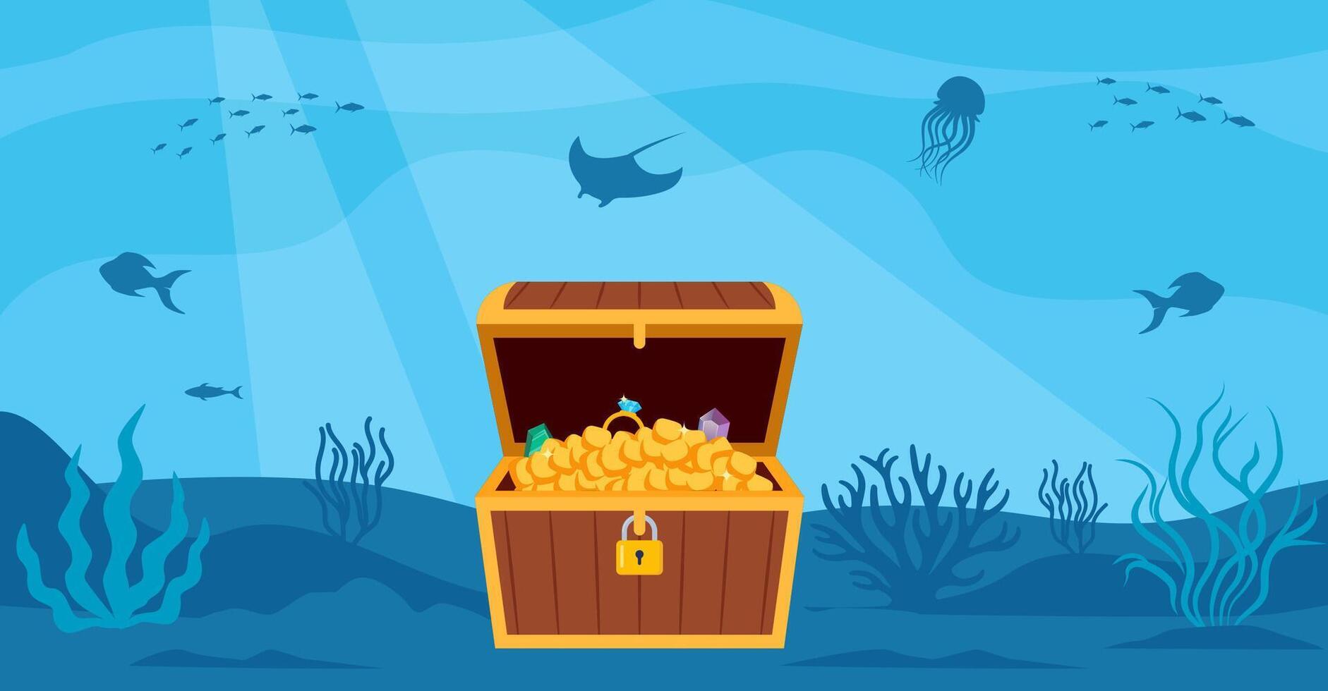 Underwater scenery with open pirate treasure chest on bottom. Vector illustration.