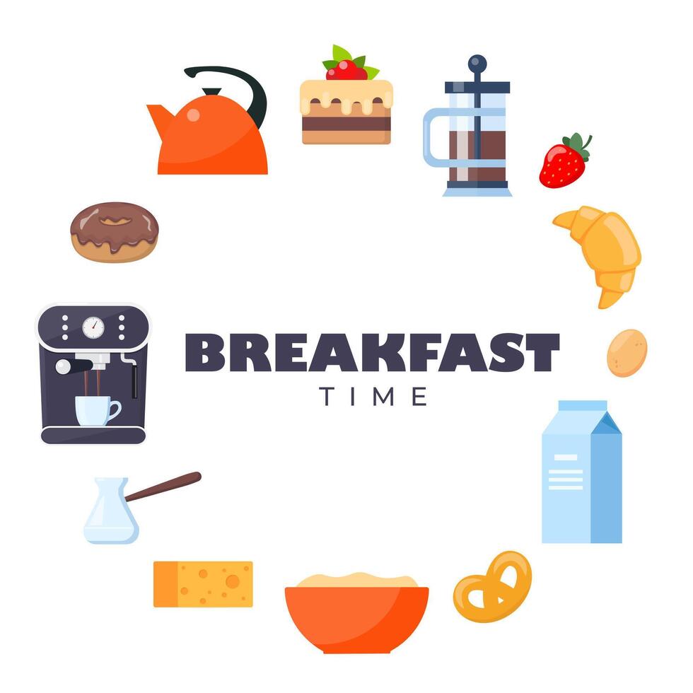 Breakfast icon set. Food and drinks, kitchen utensils, coffee machine, milk, croissant, donut, egg. Vector illustration.