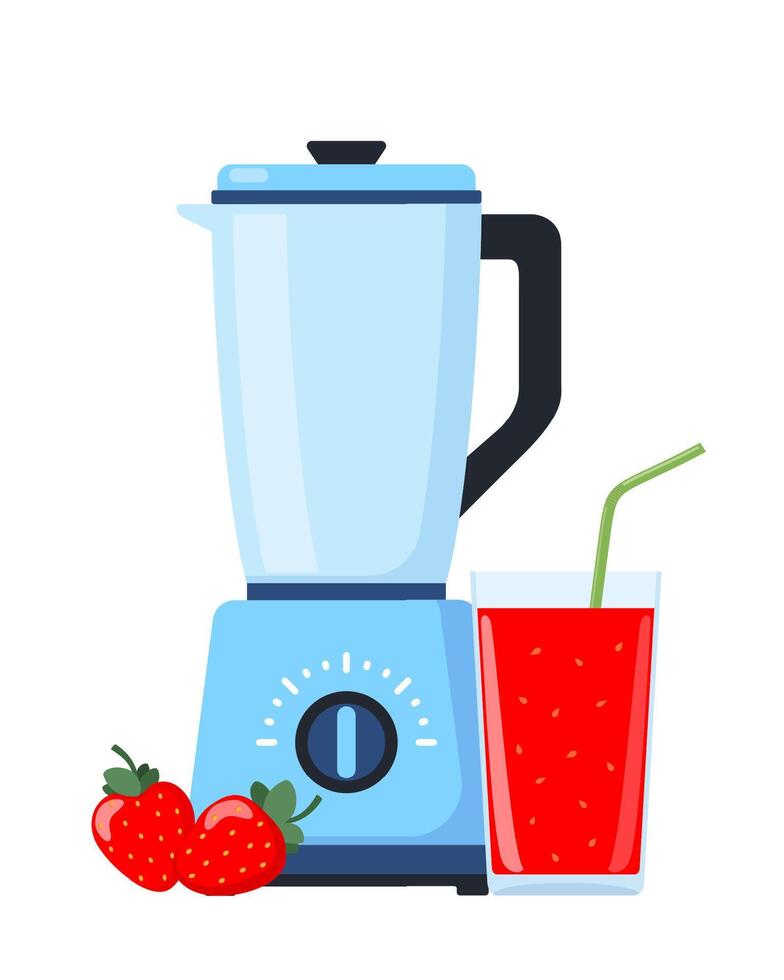 Blender or mixer. Equipment for smoothie making. Strawberry and glass of fresh juice. Kitchen tool for cooking. Vector illustration.