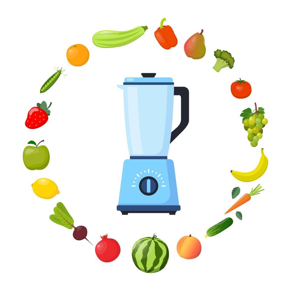 Blender or mixer. Equipment for smoothie making. Various fruits and vegetables around. Kitchen tool for cooking. Vector illustration.