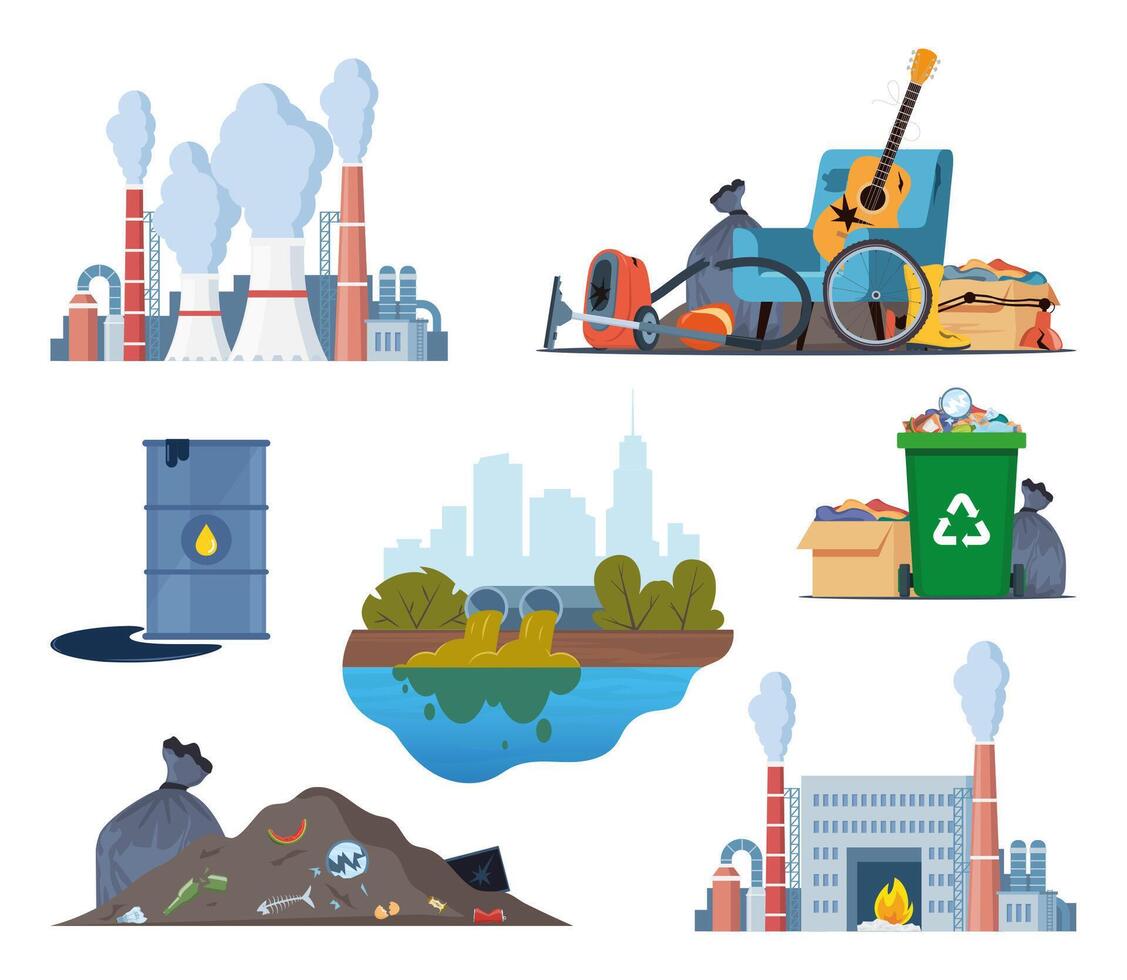 Environmental pollution. Ecological concept. Pollution of land, water and air. Compositions set with hazardous, radioactive, industrial, housekeeping waste. Vector illustration.