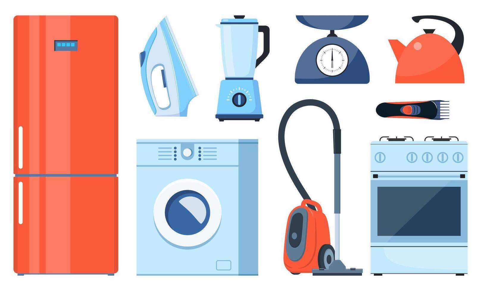 Home appliance set. Household electric devices collection. Refrigerator, stove, coffee machine, washing machine, vacuum cleaner, iron, blender, kettle, scale. Domestic equipment. Vector illustration.