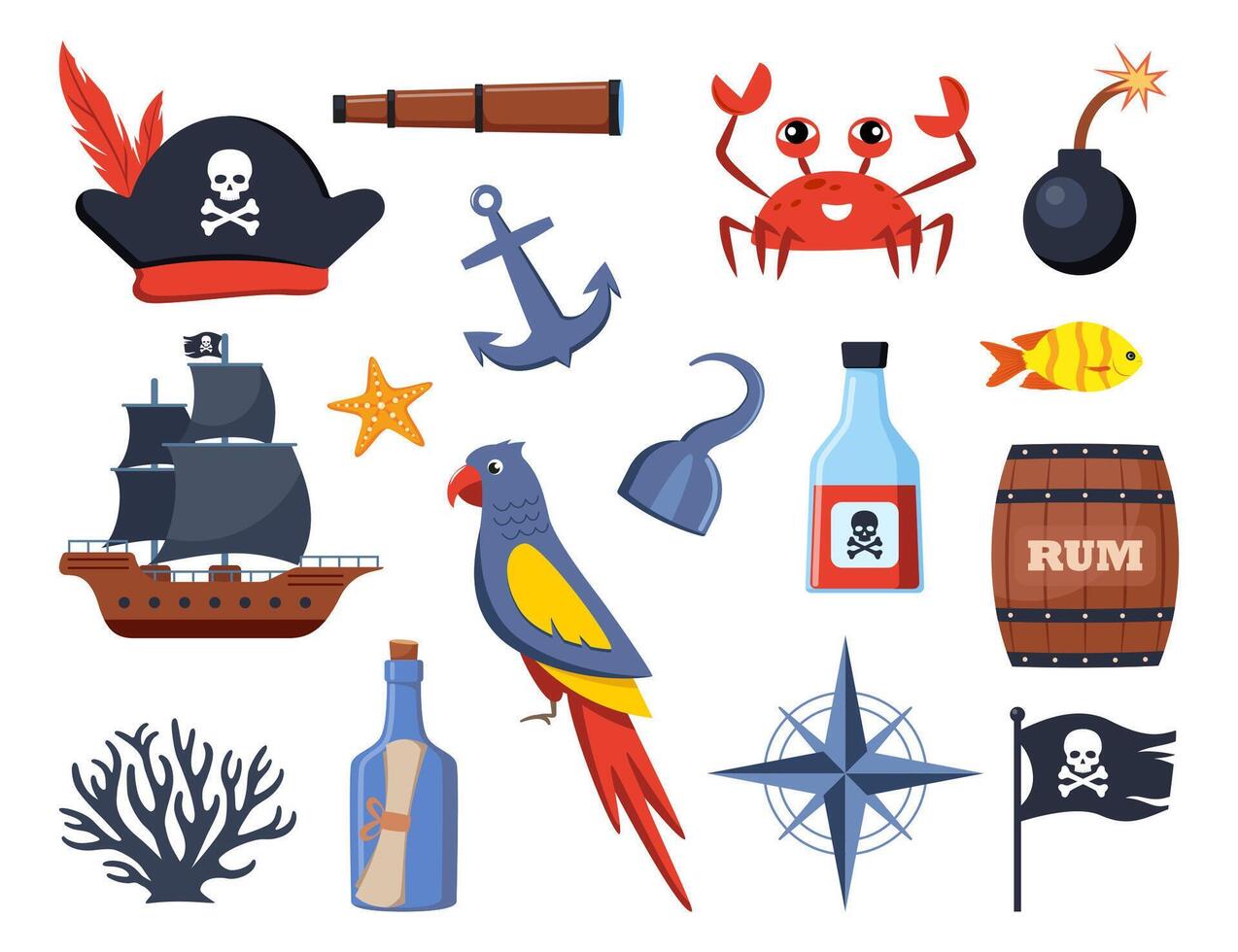 Pirate elements set. Pirates theme illustrations with ship, captain, chest, map, parrot, rum, cannonball. Funny pirate party icons. Vector illustration.