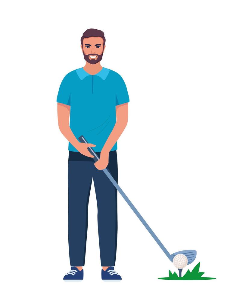 Golf player isolated. Young Man in Uniform Playing Golf on Course with Green Grass. Man holding golf club and preparing to hit the ball. Vector Illustration.