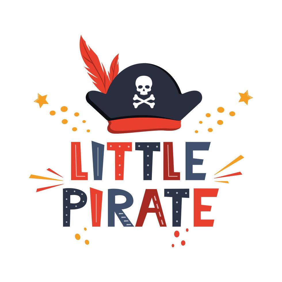 vector ilustración pequeño pirata letras con pirata sombrero, remar y huesos. niños logo emblema. textil tela impresión. vector ilustración.