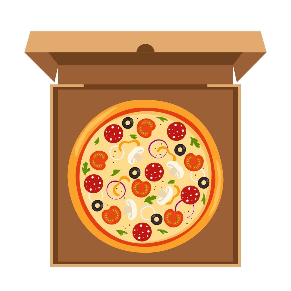 Fresh round pizza with tomato, cheese, olive, sausage, onion, basil. Traditional Italian fast food. Top view meal in an open cardboard box. Vector illustration.