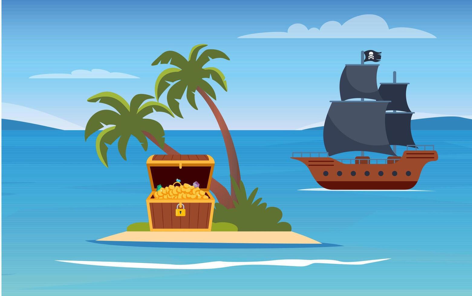 Tropical island with treasure chest and pirate ship near the island. Sea landscape with sail boat with skull on black sails, palm trees and gold coins on uninhabited island. Vector illustration.