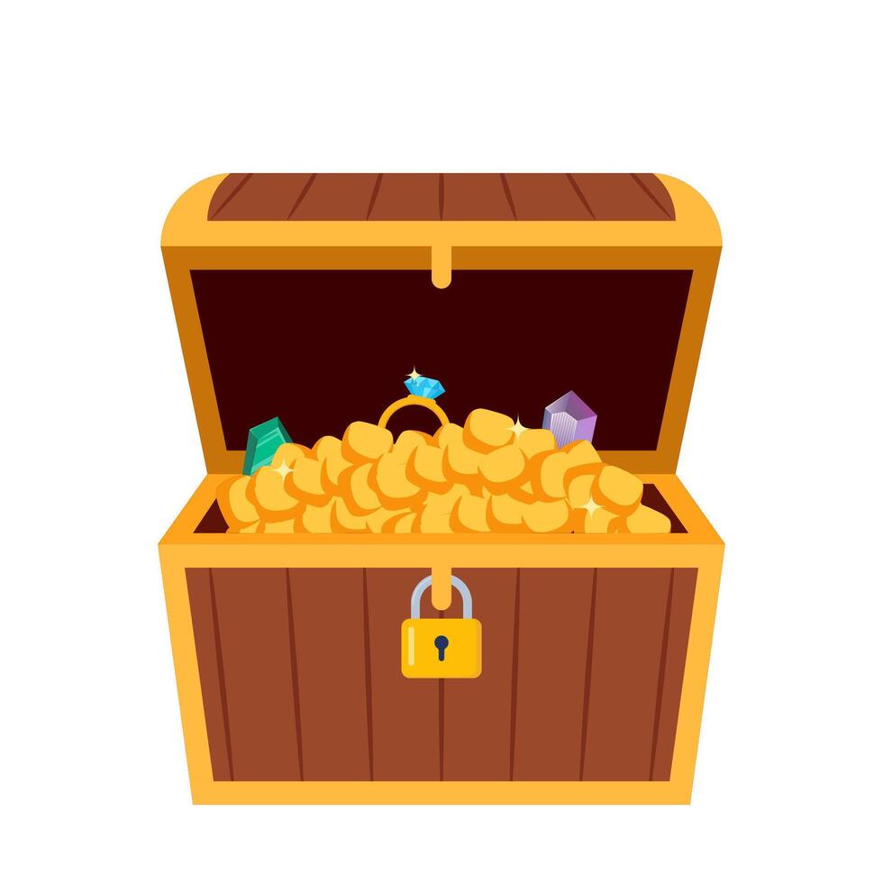 tesoro cofre lleno de oro monedas, cristal gemas y joyería. símbolo de piratas, aventura, tesoro. vector ilustración.