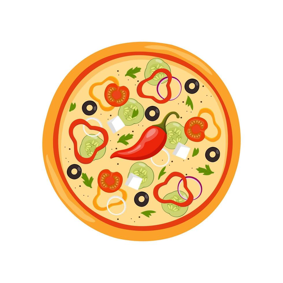 Fresh round pizza with tomato, cheese, olive, pepper, onion, basil. Traditional Italian fast food. Top view meal. Vector illustration.