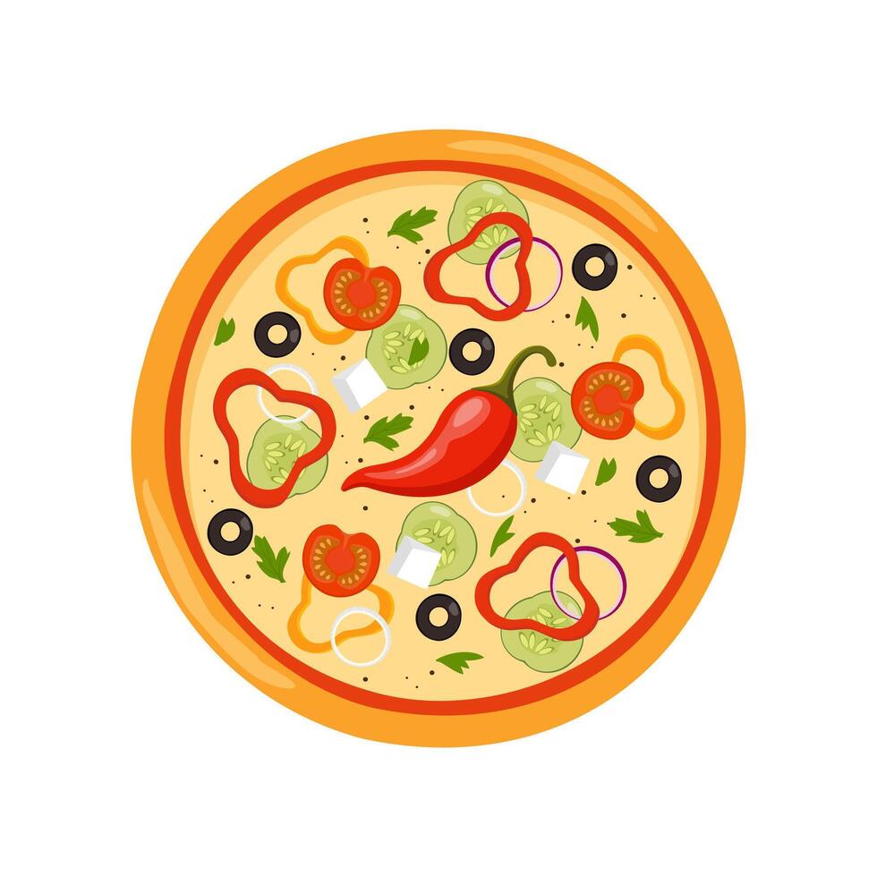 Fresco redondo Pizza con tomate, queso, aceituna, pimienta, cebolla, albahaca. tradicional italiano rápido alimento. parte superior ver comida. vector ilustración.