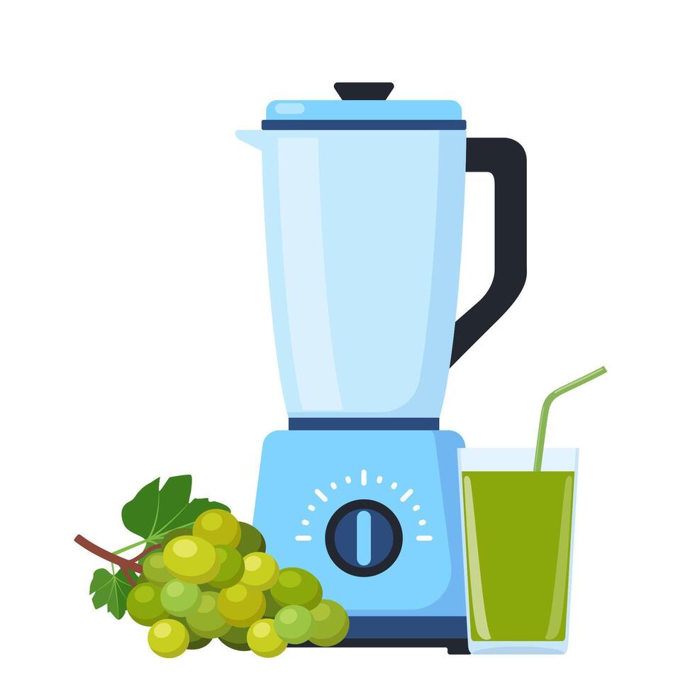 Blender or mixer. Equipment for smoothie making. Grape and glass of fresh juice. Kitchen tool for cooking. Vector illustration.