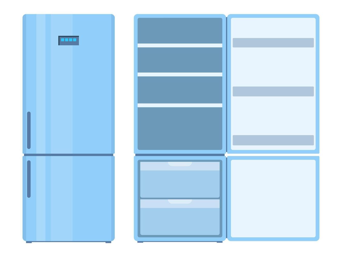 Fridge. Closed and open empty refrigerator. Blue fridge for food storage. Vector Illustration.