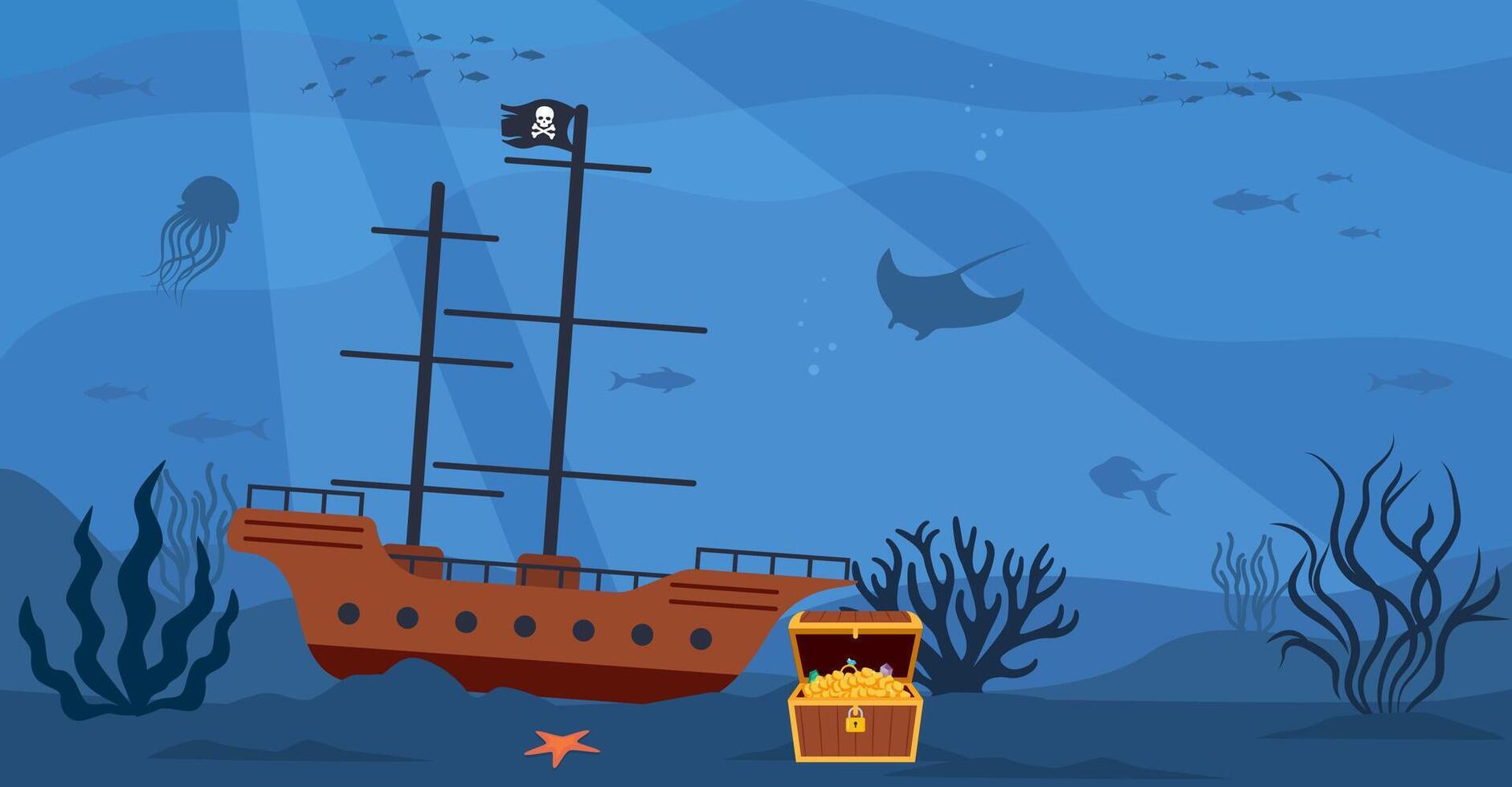 Underwater scenery with open pirate treasure chest and pirate ship on bottom. Vector illustration.