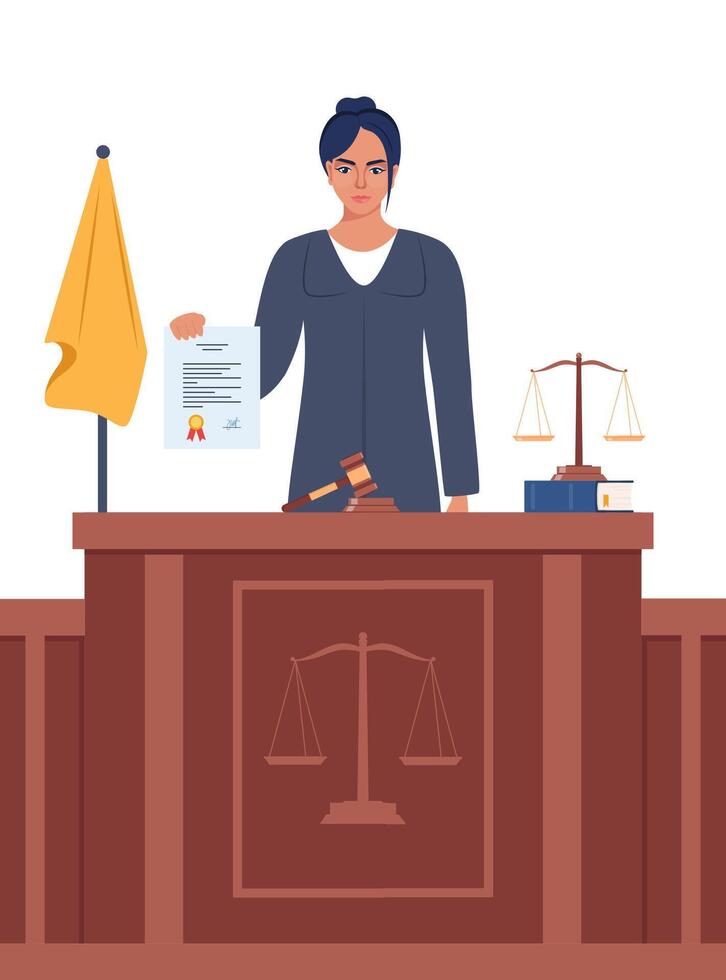 Judge with hammer. Woman in black robe with gavel. Jurisprudence, justice and law. Legal and sentencing. Judgement concept. Vector illustration.