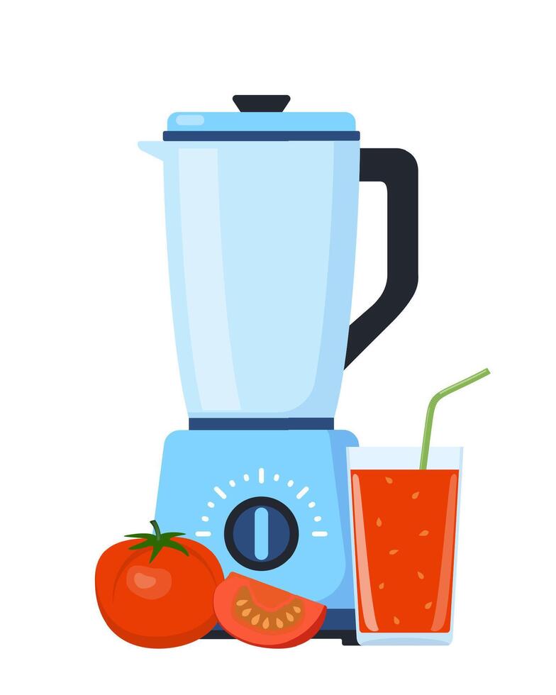 Blender or mixer. Equipment for smoothie making. Tomato and glass of fresh juice. Kitchen tool for cooking. Vector illustration.