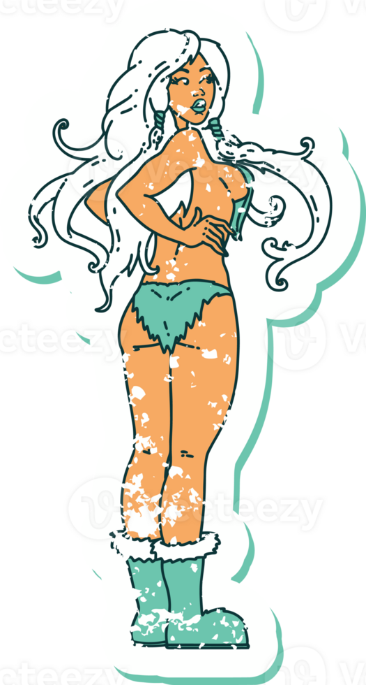 distressed sticker tattoo style icon of a pinup viking girl png