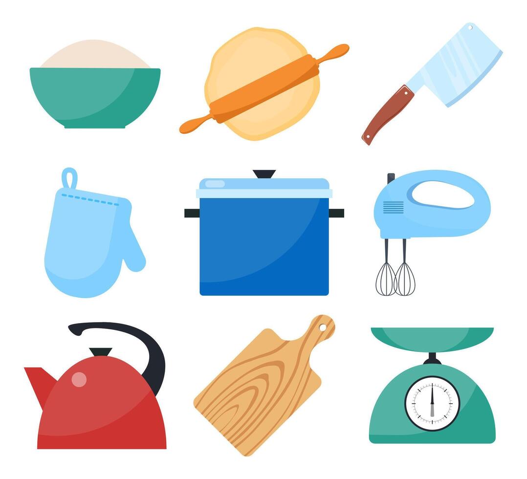 cocina utensilios colocar. batería de cocina, utensilios de cocina, cocina herramientas recopilación. moderno plano íconos para sitio web, web bandera, infografía. vector ilustración.