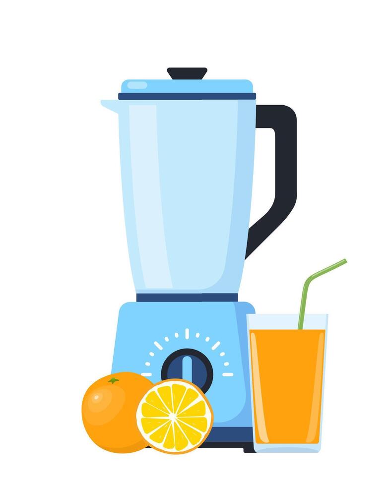 Blender or mixer. Equipment for smoothie making. Orange and glass of fresh juice. Kitchen tool for cooking. Vector illustration.