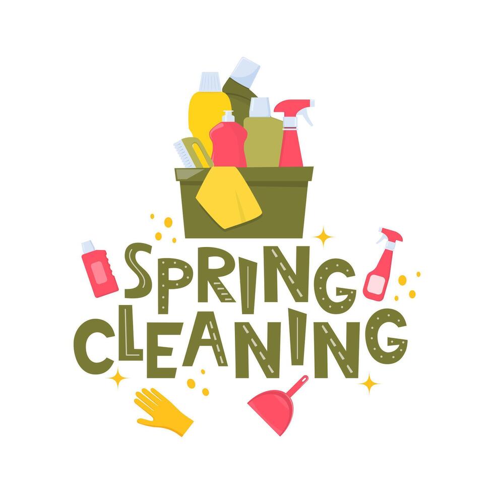 Spring Cleaning Lettering, home cleanup tools and flowers. Spring Cleaning for card, advertising, social media, flyer, poster, banner. Vector illustration.