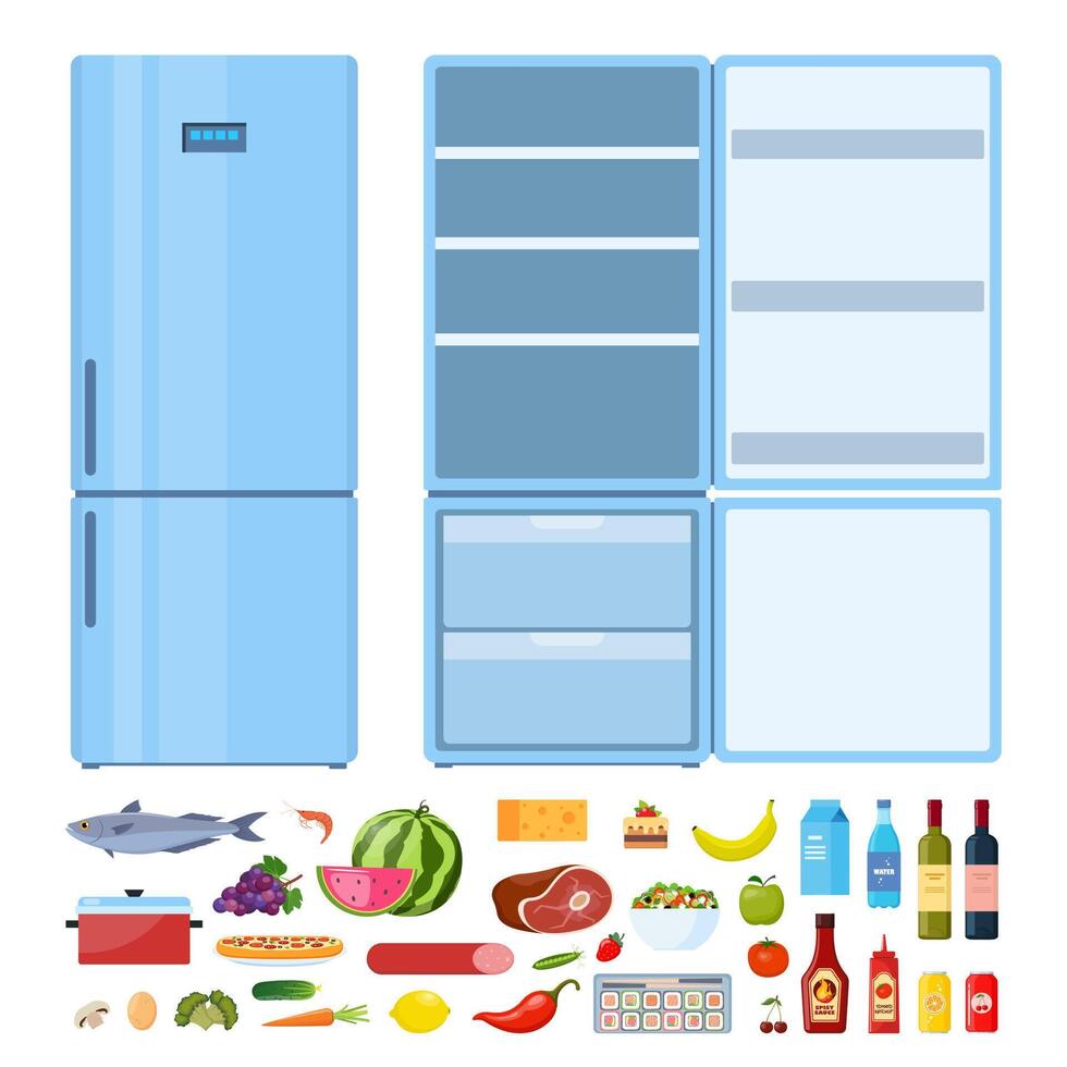 Fridge. Closed and open empty refrigerator. Blue fridge and set of healthy food, water, meet, vegetables. Vector Illustration.