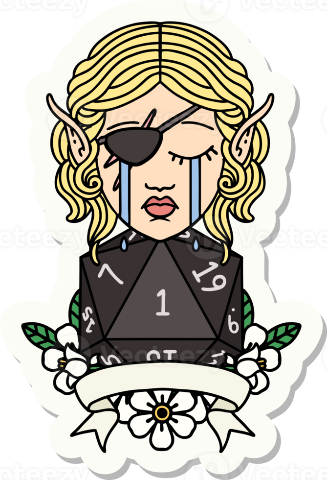crying elf rogue character with natural one D20 roll sticker png