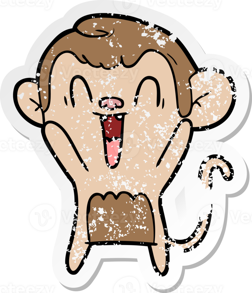 distressed sticker of a cartoon laughing monkey png