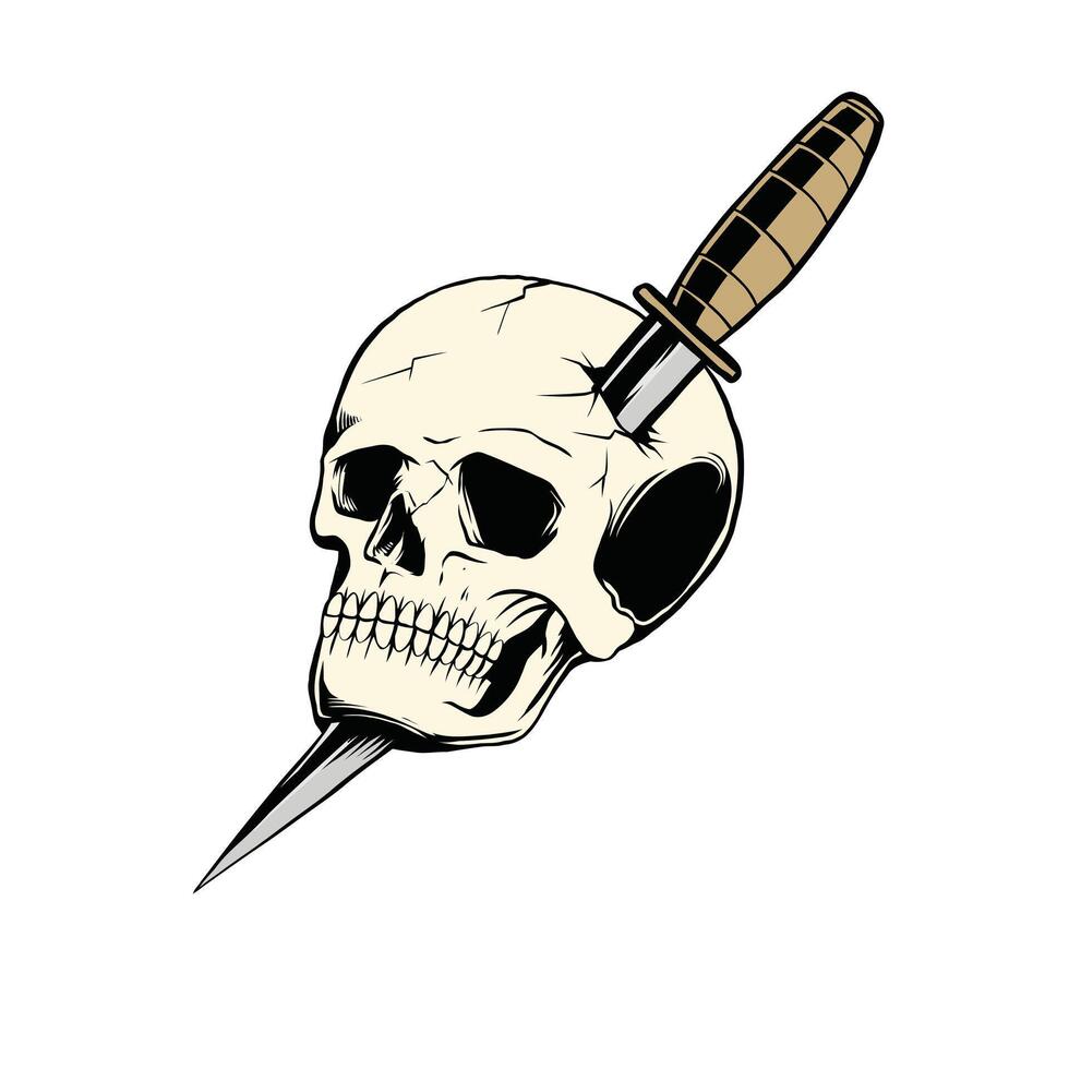 A knife through a skull. Simple skull face series. Monoline skull tattoo design vector