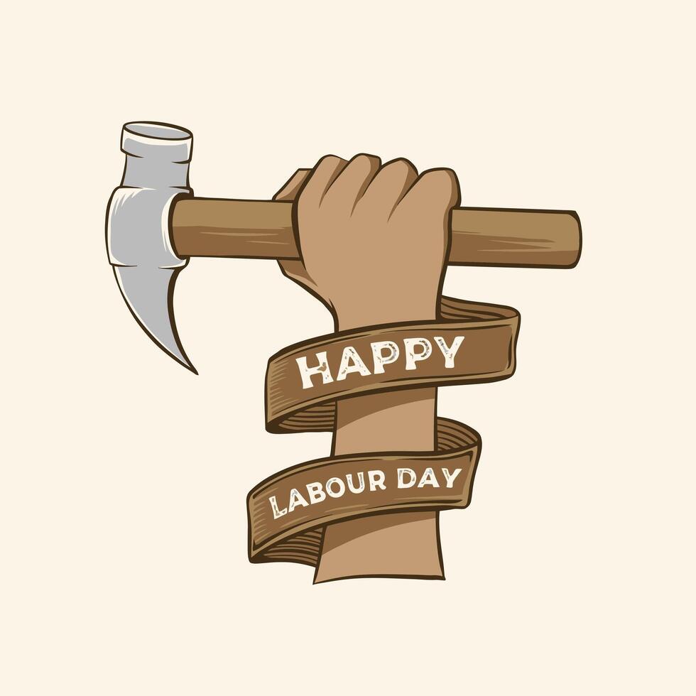 Vintage illustration hammer and hand with happy labour day meaning vector