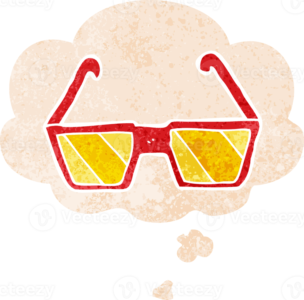 cartoon glasses and thought bubble in retro textured style png