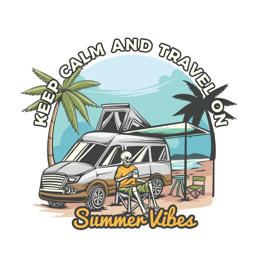 ilustración de cráneo en playa con viaje camioneta Clásico estilo vector