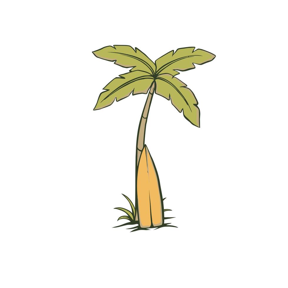 coconut tree with surf board cartoon illustration vector