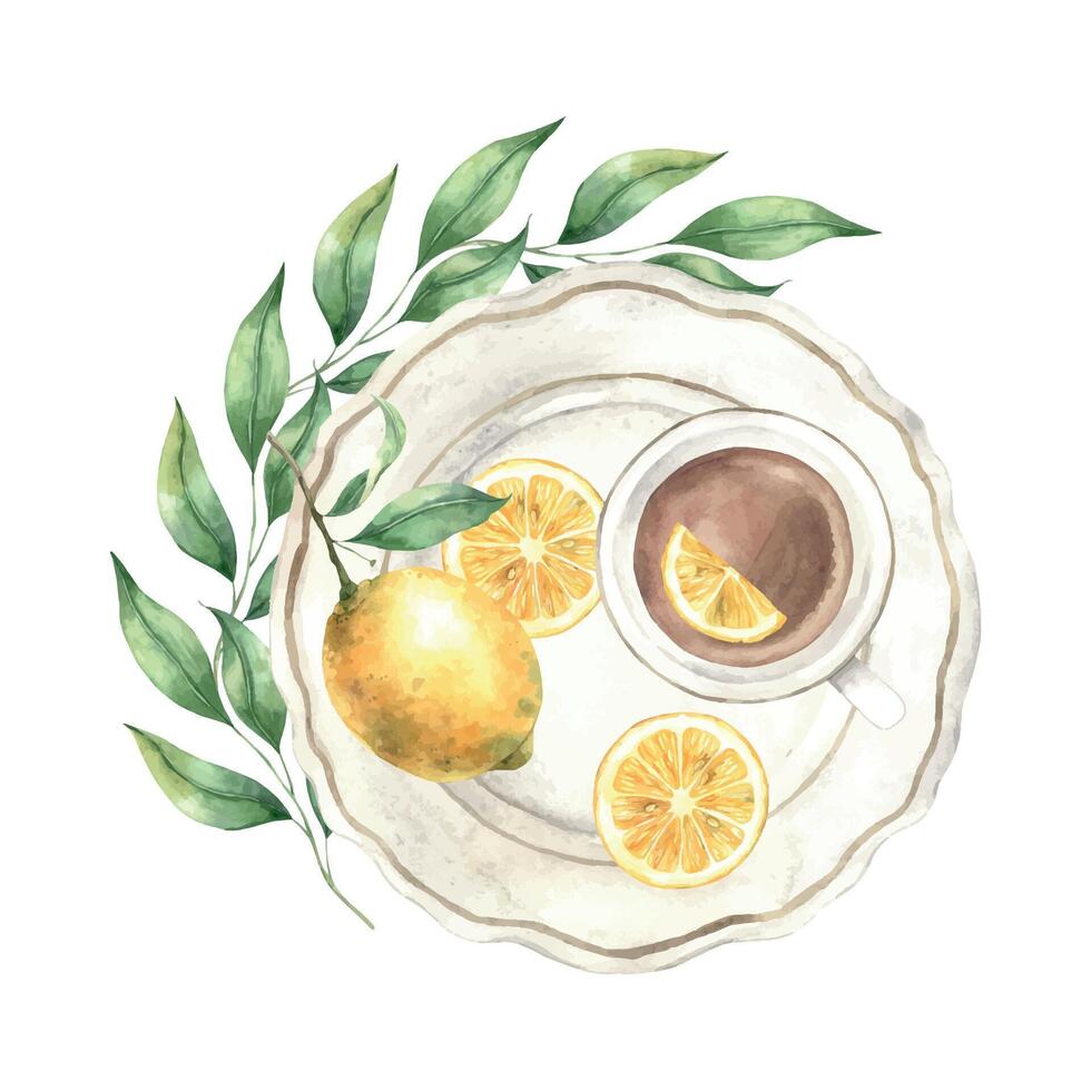 Watercolor composition, top view, juicy lemons with green leaves and a mug of tea lie on a plate. The illustration is drawn by hand. Drawing for menu design, packaging, poster, website, textile vector