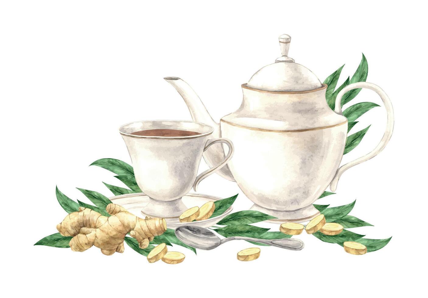 Watercolor composition with a teapot and a mug of tea, a silver spoon, ginger and sugar. Hand drawn illustration, suitable for menu design, packaging, poster, website, textile, invitation, brochure vector
