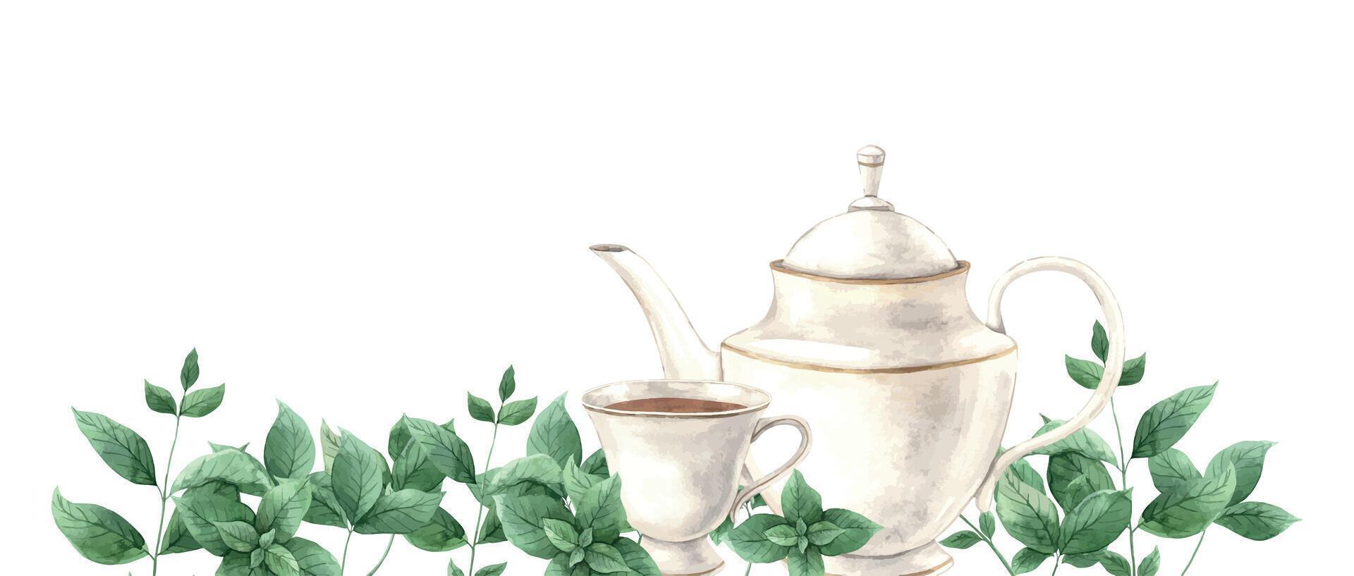 Watercolor composition with ceramic mug, teapot and fresh spicy mint. Illustration hand drawn on isolated background, suitable for menu design, packaging, poster, website, textile, invitation vector