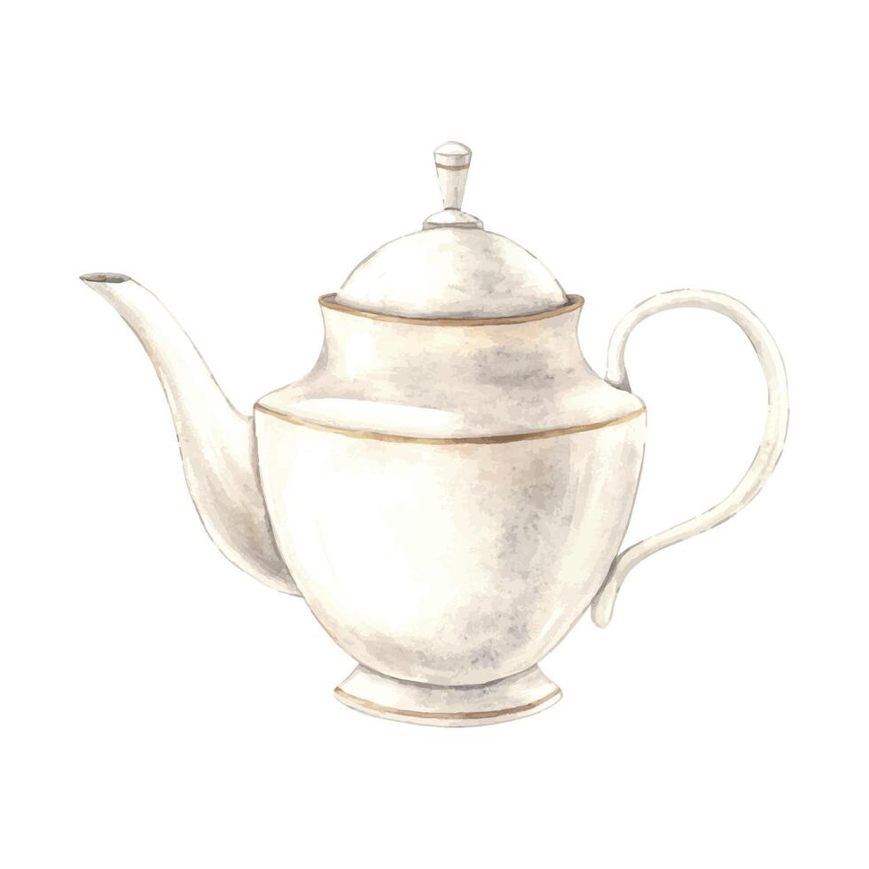 Watercolor drawing of a ceramic teapot with gold braid. Illustration hand drawn on white background, suitable for menu design, packaging, poster, website, textile, invitation, brochure, textile vector
